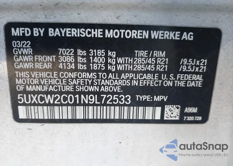 2022 BMW X7 xDrive40I z USA, uszkodzony, nr VIN 5UXCW2C01N9L72533
